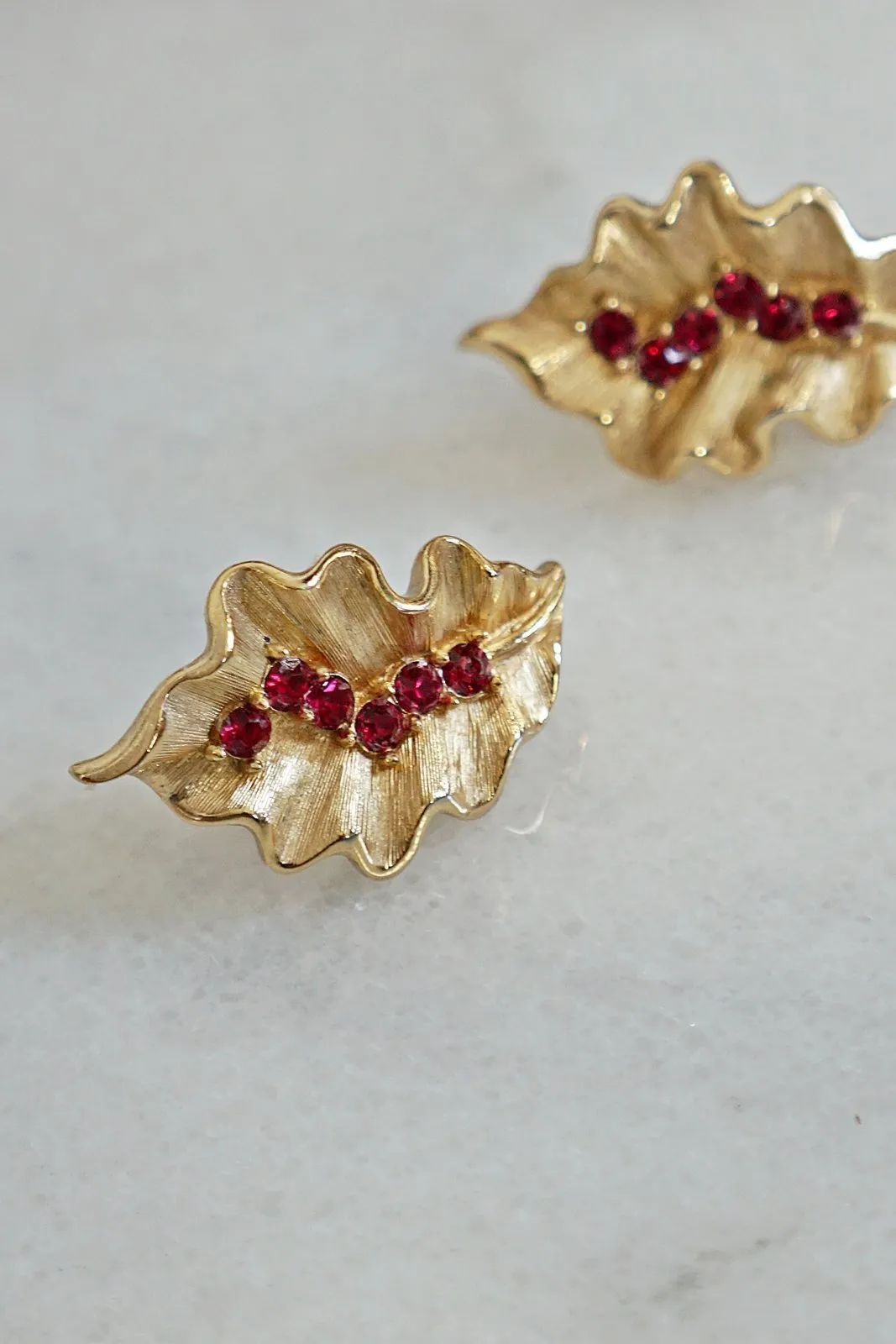 Vintage Shimmering Leaf  Gilded Ruby Earrings