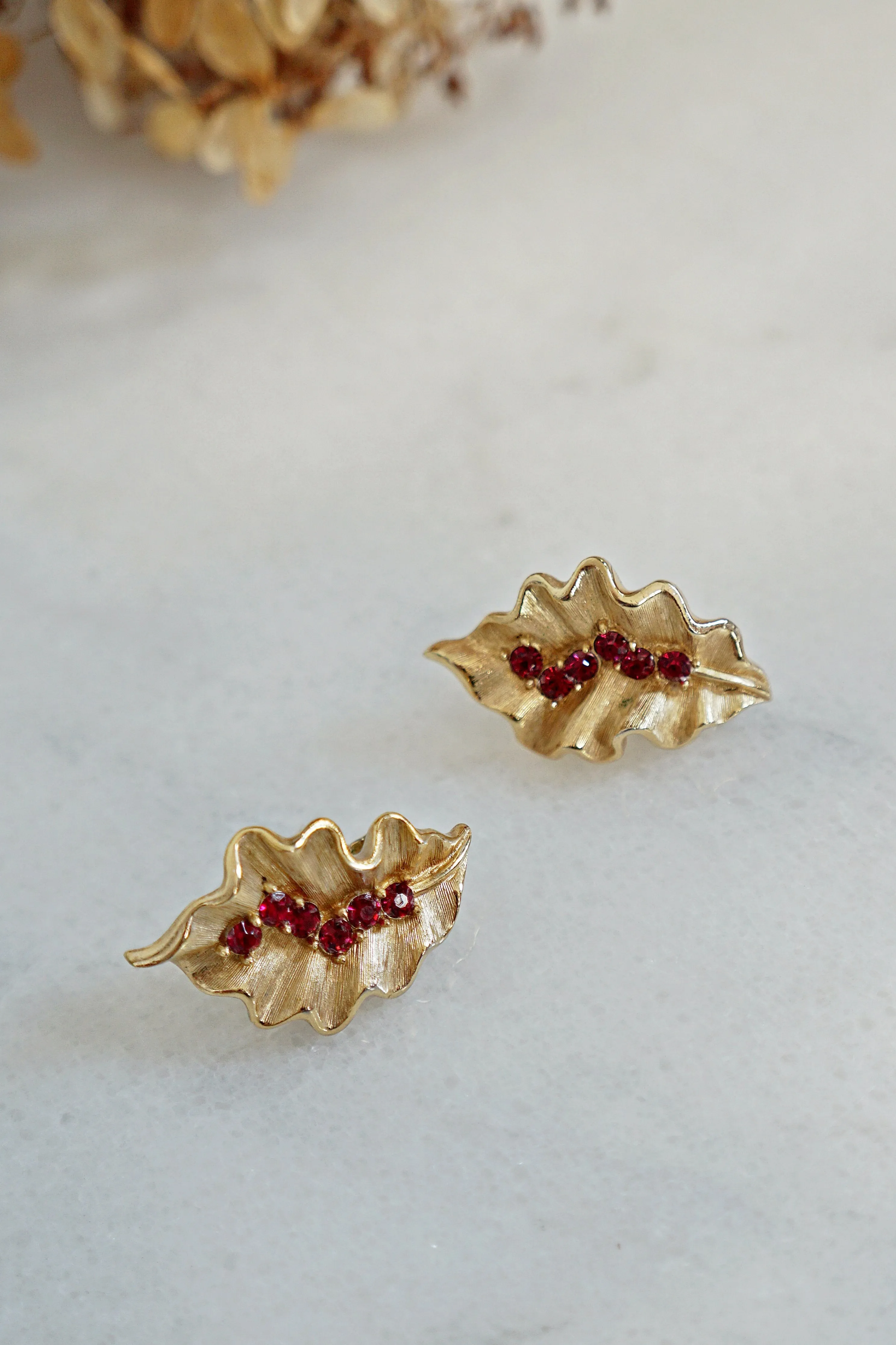 Vintage Shimmering Leaf  Gilded Ruby Earrings