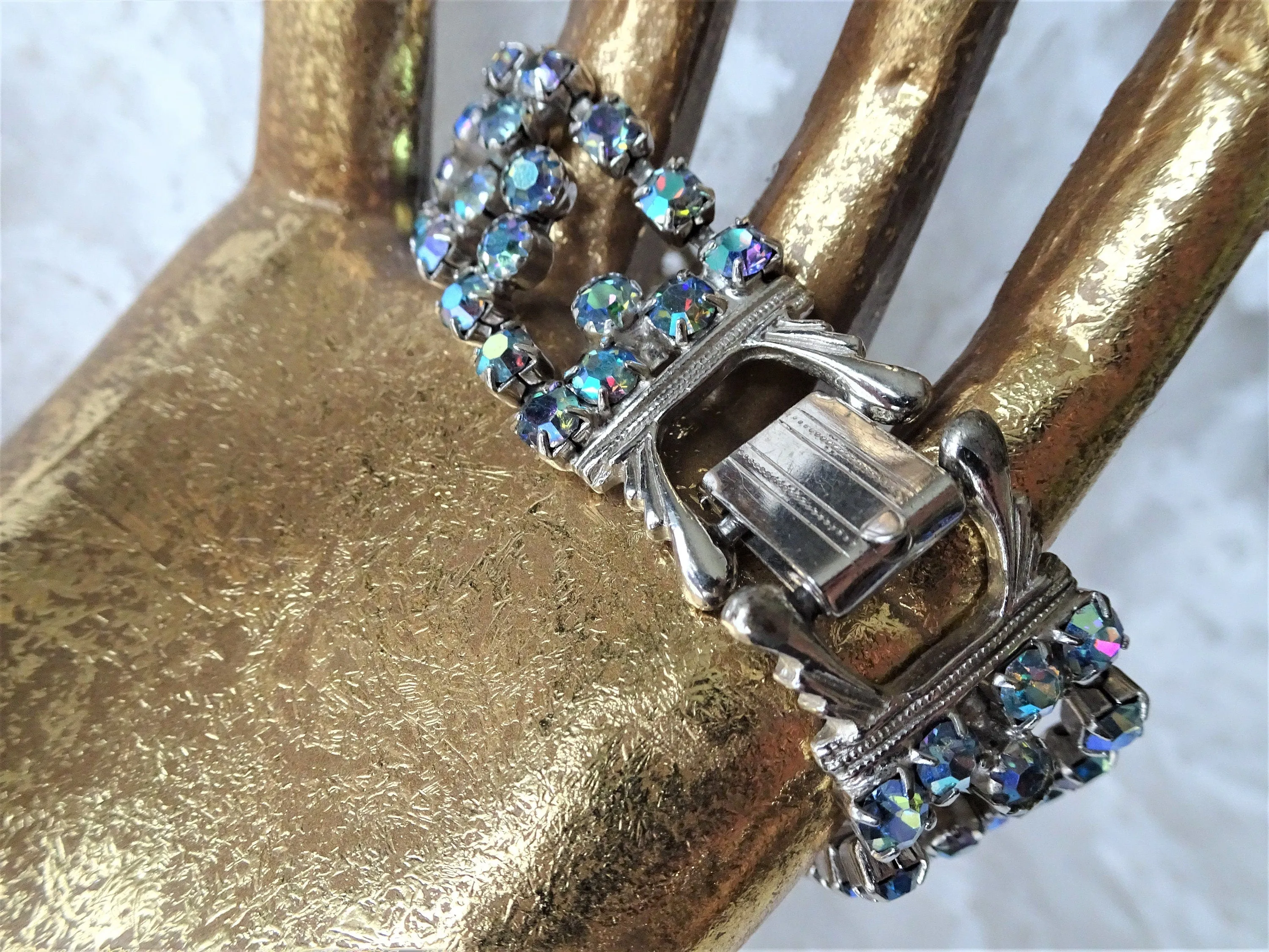 Vintage SPARKLING 4 Row Bracelet,Prong Set,BLUE Brilliant AB Glass Rhinestones,Dazzling Blue Crystal Stones,Collectible Mid Century Jewelry