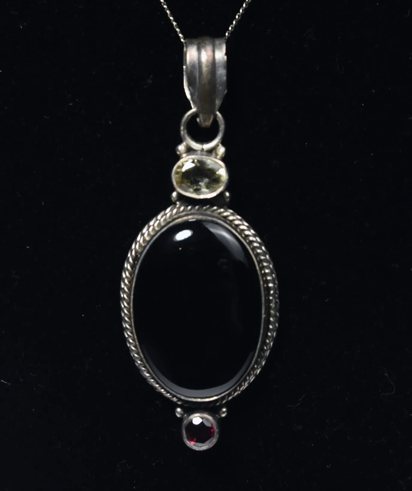 Vintage Sterling Silver Black Onyx, Red Garnet, Citrine Pendant on Sterling Silver Chain Necklace