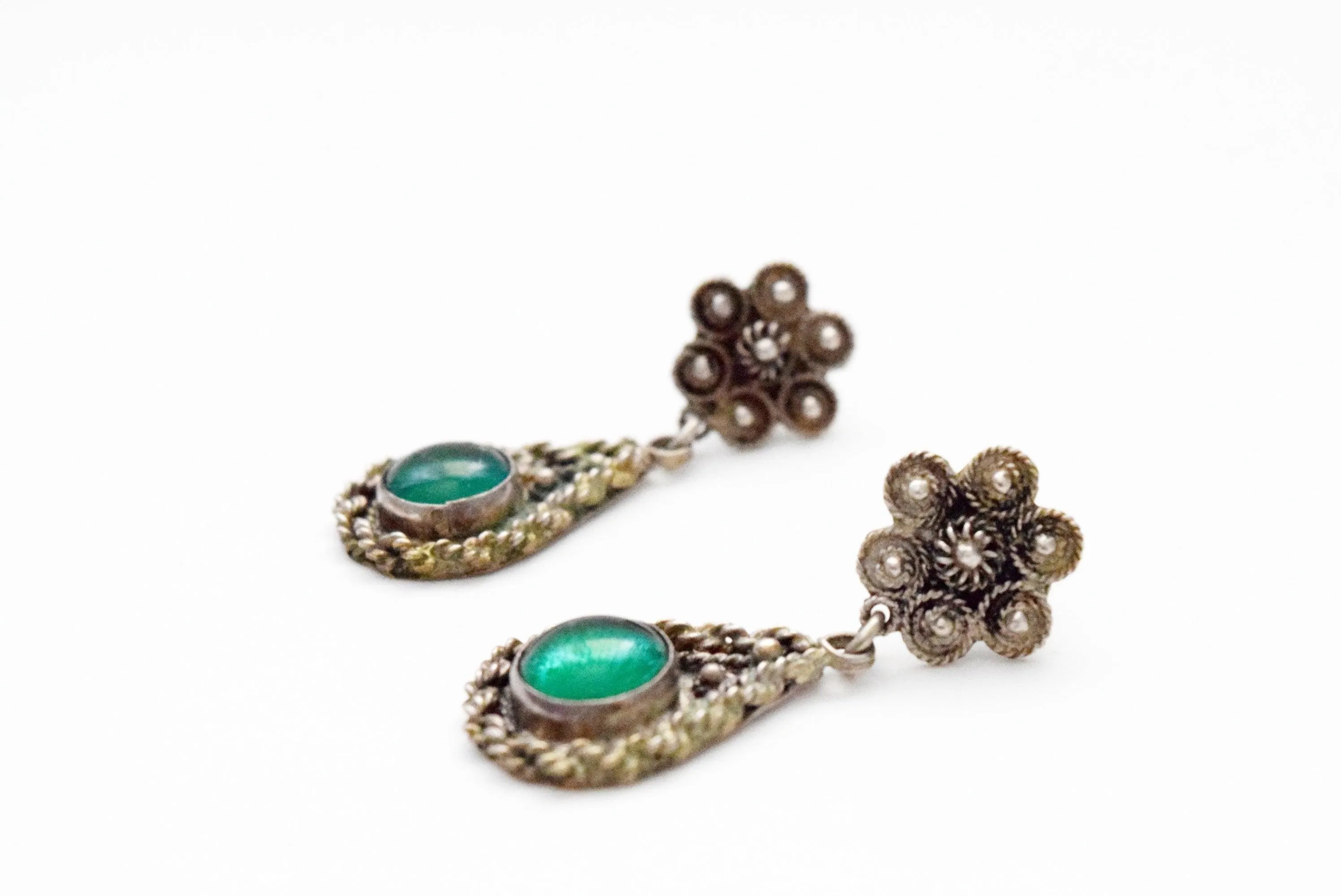 Vintage Turkish Silver Filigree Earrings with Green Cabochon