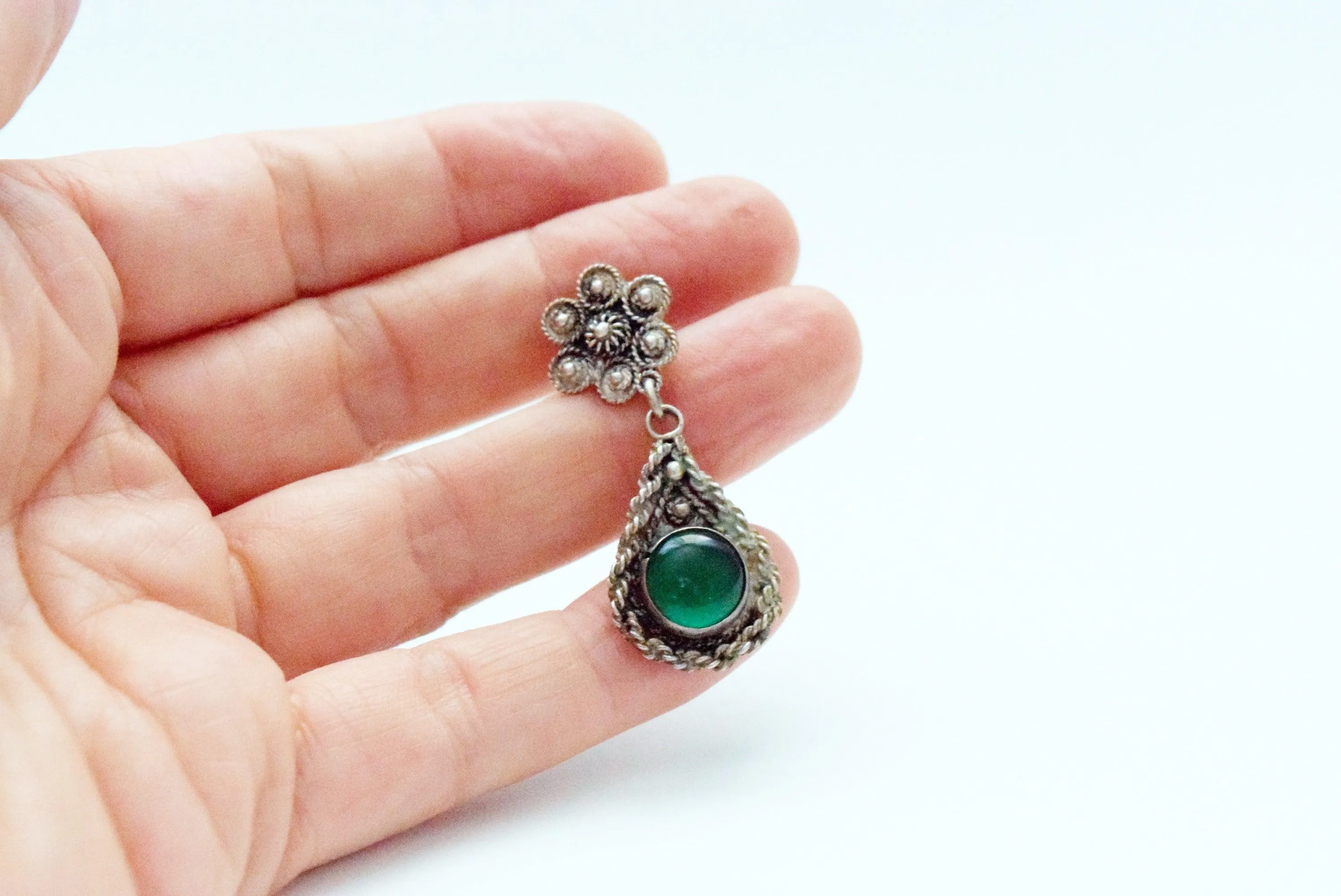 Vintage Turkish Silver Filigree Earrings with Green Cabochon