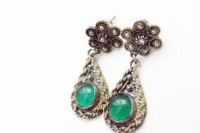 Vintage Turkish Silver Filigree Earrings with Green Cabochon