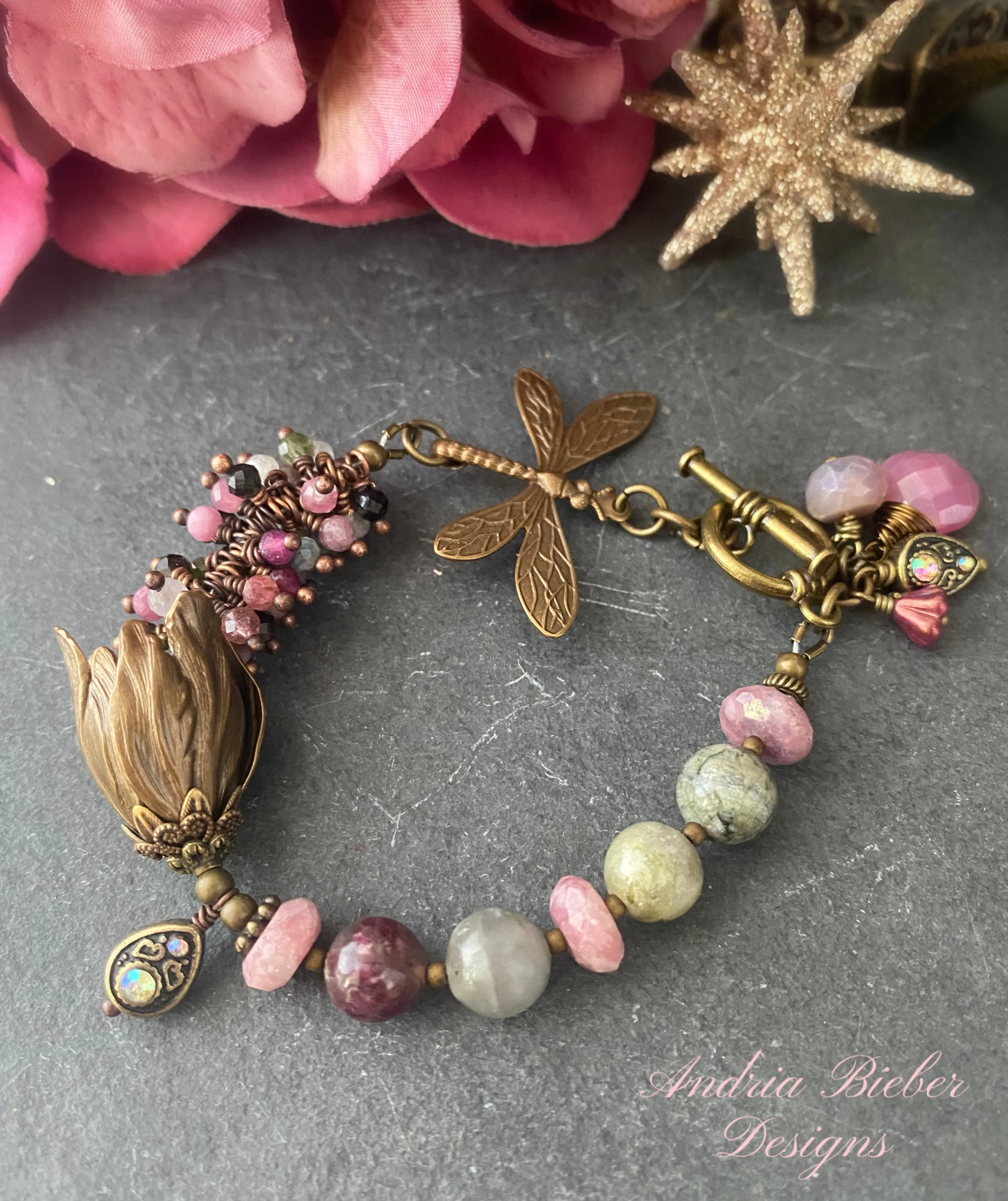 Watermelon tourmaline gemstone, dragonfly, charm bracelet