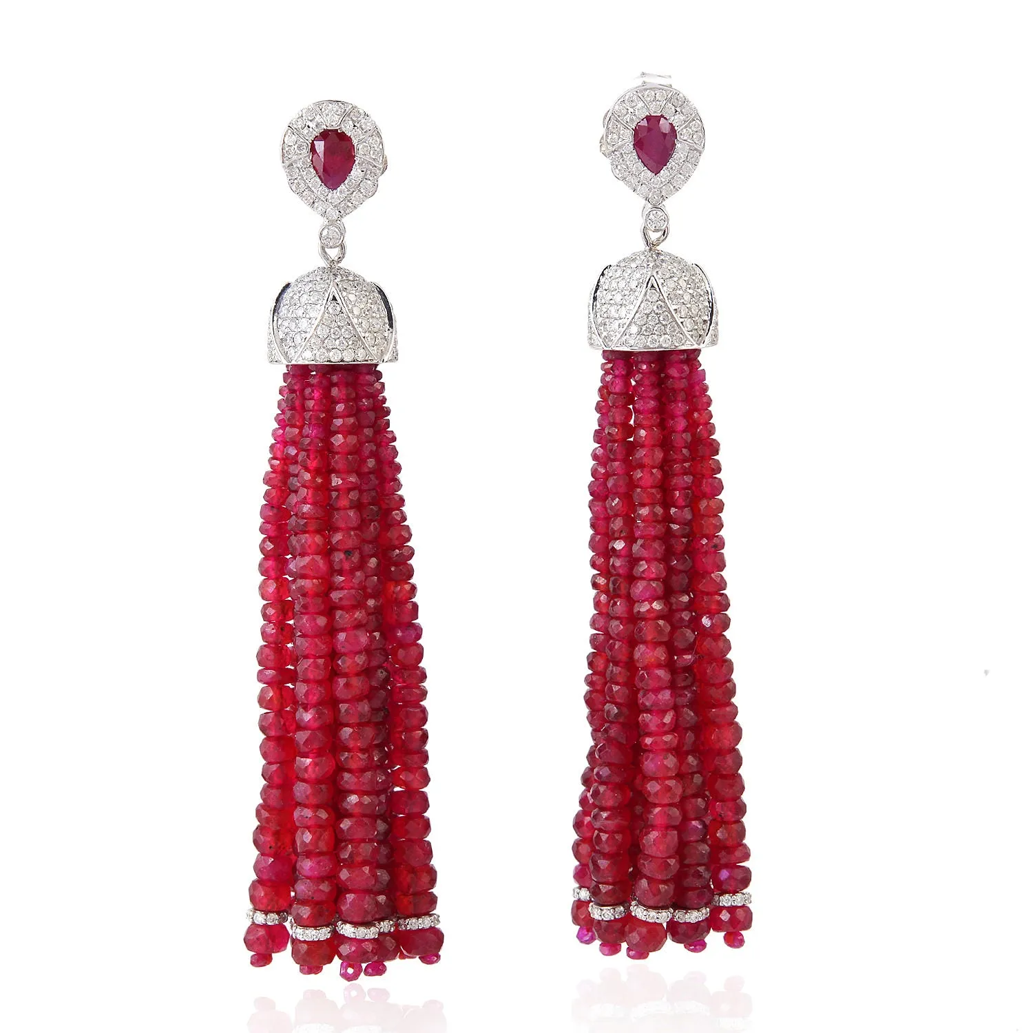 White Gold Faceted Ruby Beaded July Birthstone Tassel Earrings Pave Diamond For Women's