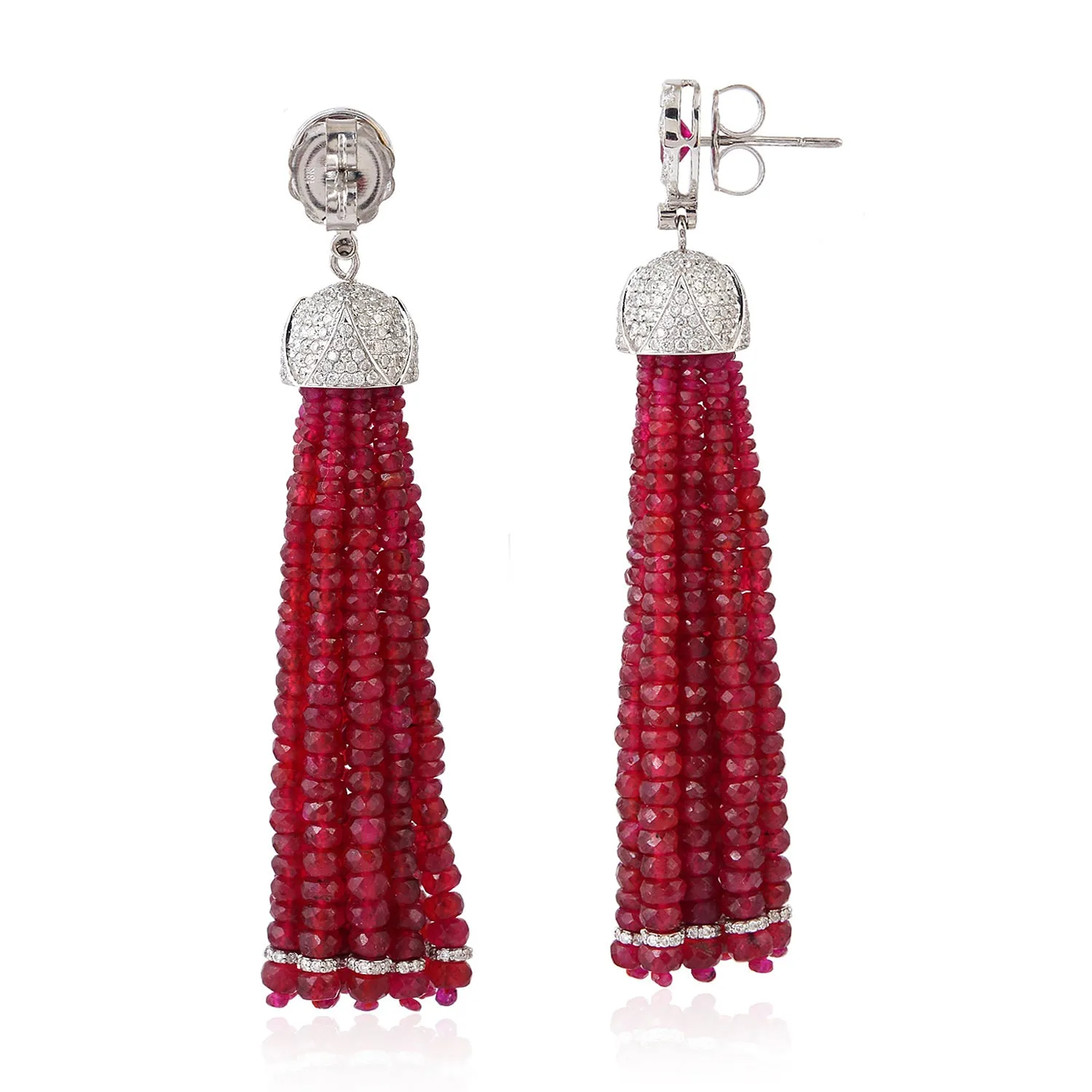 White Gold Faceted Ruby Beaded July Birthstone Tassel Earrings Pave Diamond For Women's