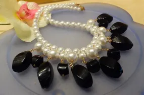 White mother of pearl and black onyx gemstone statement necklace