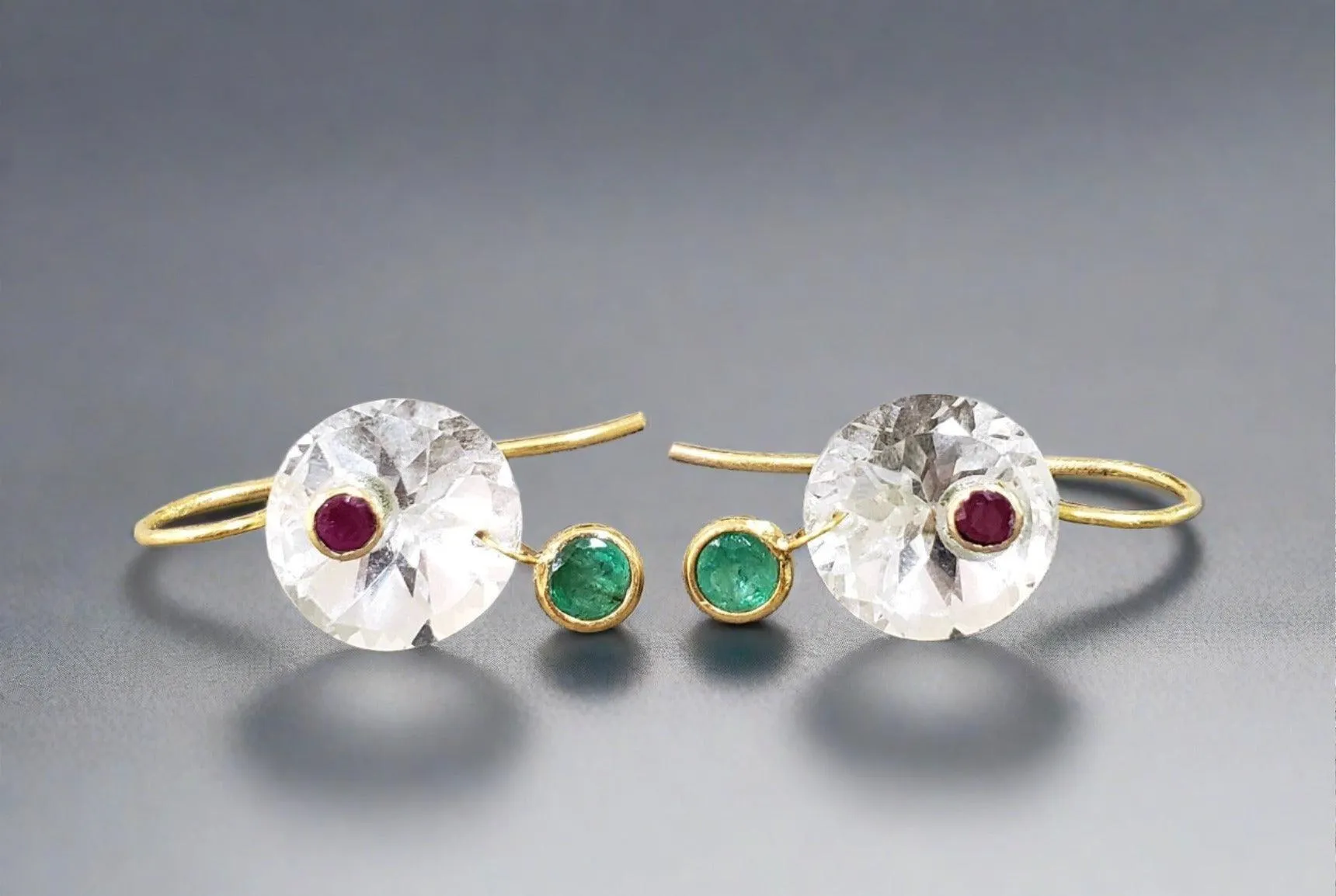 White Topaz with Emerald, Ruby Stones 18k Designer Gold Earrings