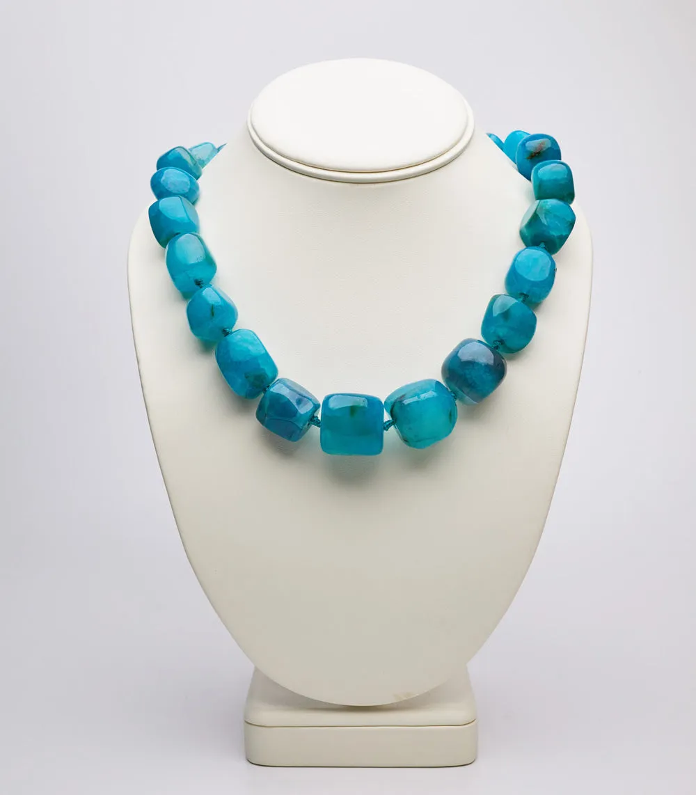 Women's Chunky Statement Natural Blue Agate Gemstone Beaded Necklace, Gift for Her