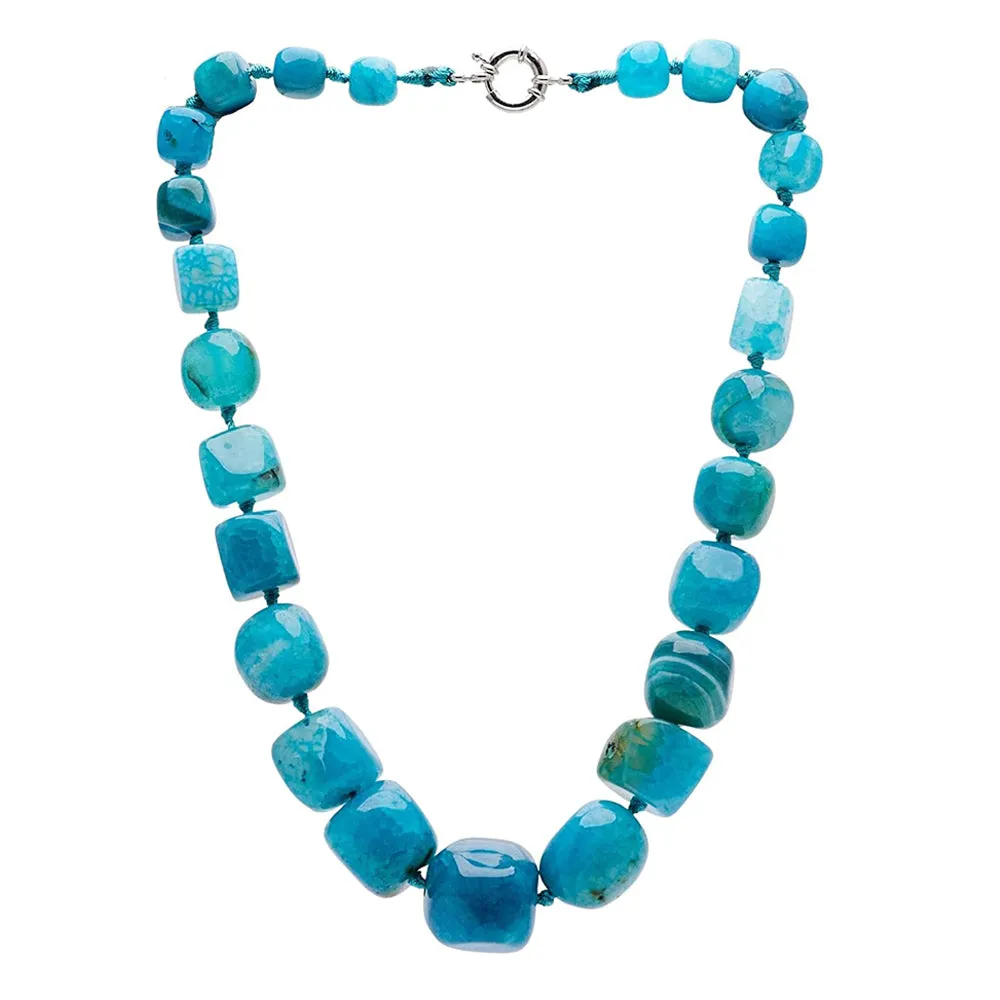 Women's Chunky Statement Natural Blue Agate Gemstone Beaded Necklace, Gift for Her