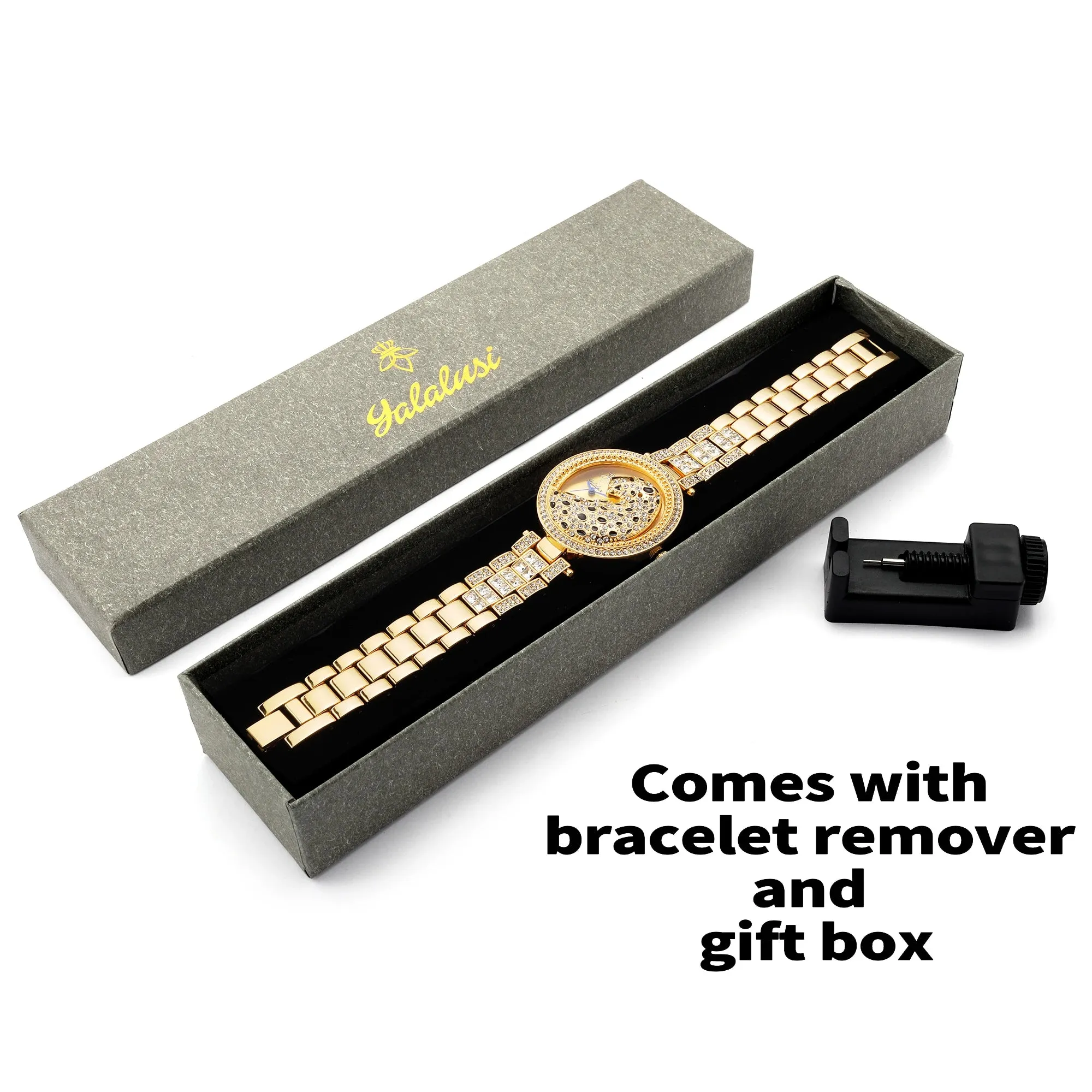 Yalalusi 2024 Women’s Luxury Watch – Gold with Crystal Diamonds & Leopard Box – Real Gold Plating & Watch Remover – Elegant Gift for Her