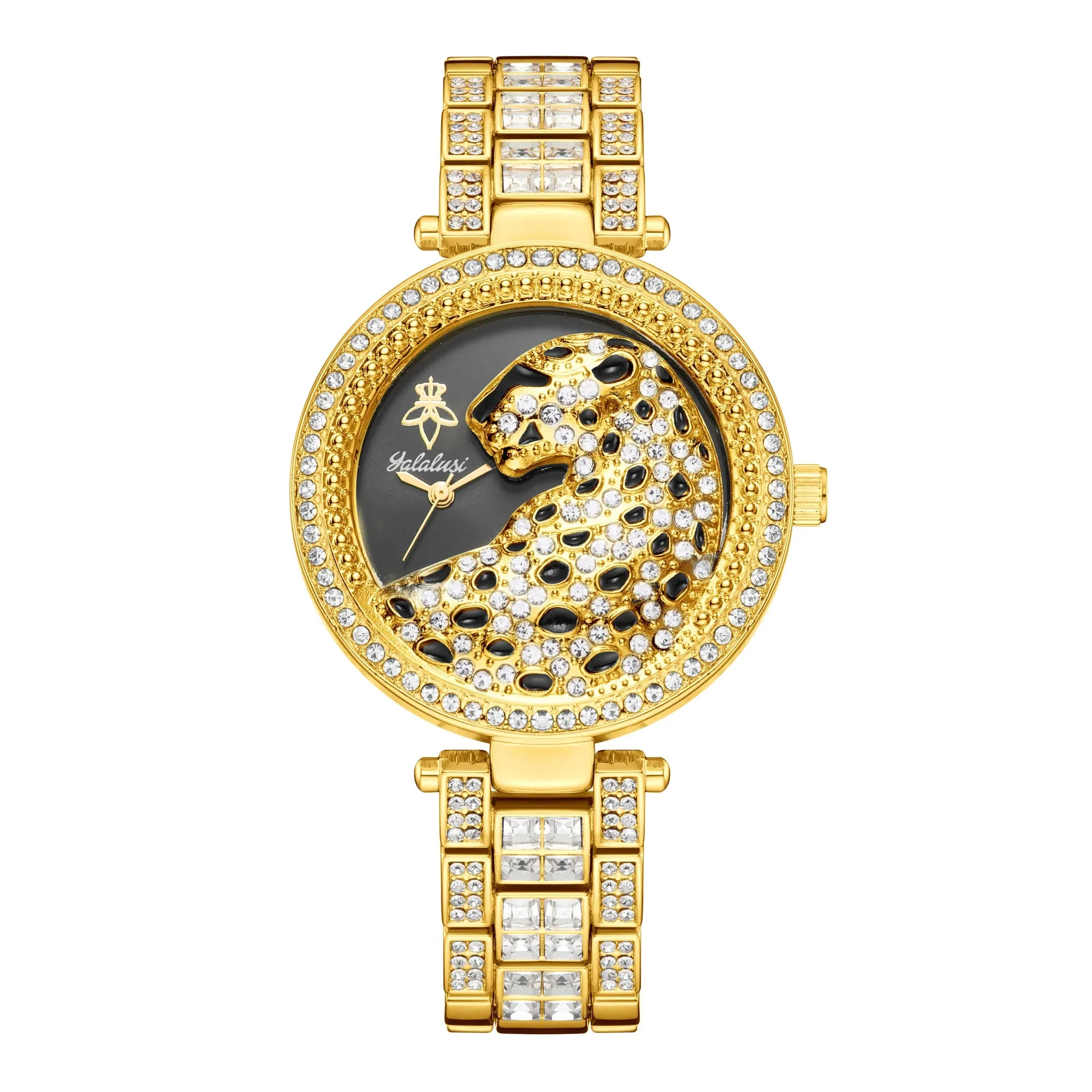 Yalalusi 2024 Women’s Luxury Watch – Gold with Crystal Diamonds & Leopard Box – Real Gold Plating & Watch Remover – Elegant Gift for Her