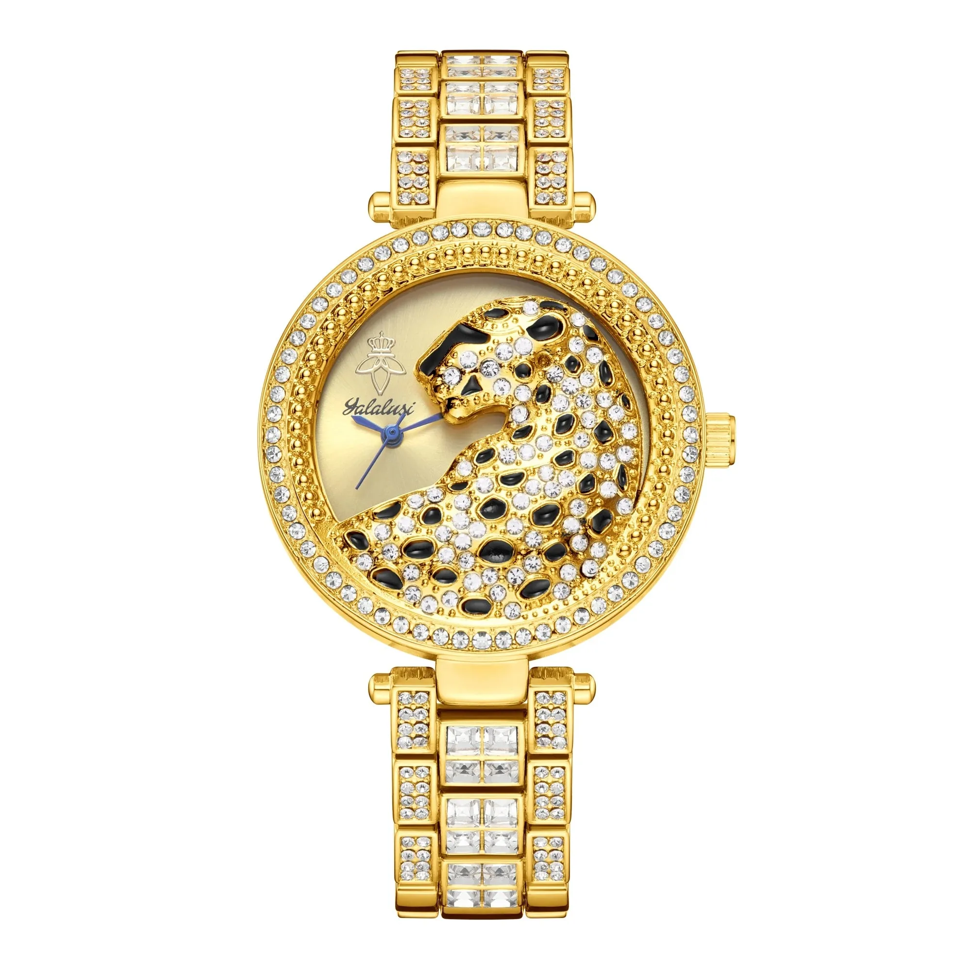 Yalalusi 2024 Women’s Luxury Watch – Gold with Crystal Diamonds & Leopard Box – Real Gold Plating & Watch Remover – Elegant Gift for Her