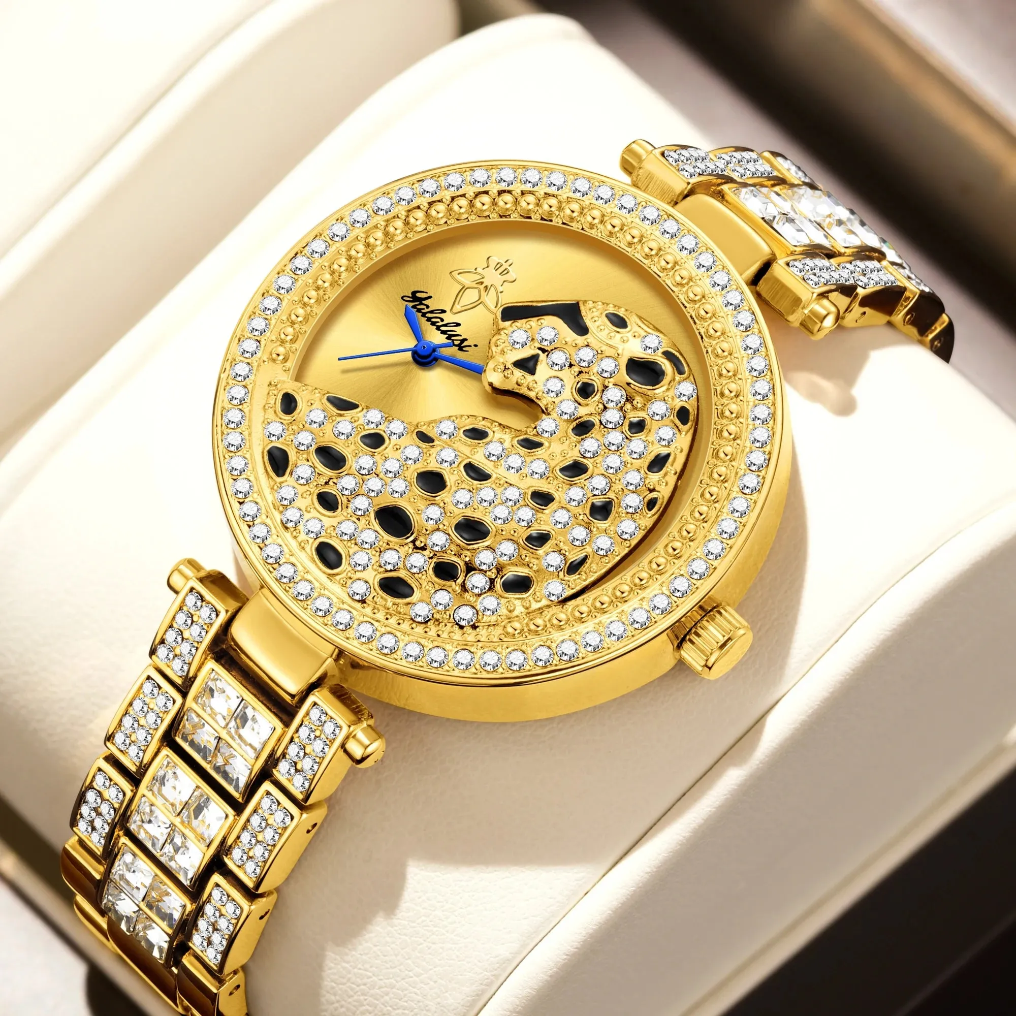 Yalalusi 2024 Women’s Luxury Watch – Gold with Crystal Diamonds & Leopard Box – Real Gold Plating & Watch Remover – Elegant Gift for Her