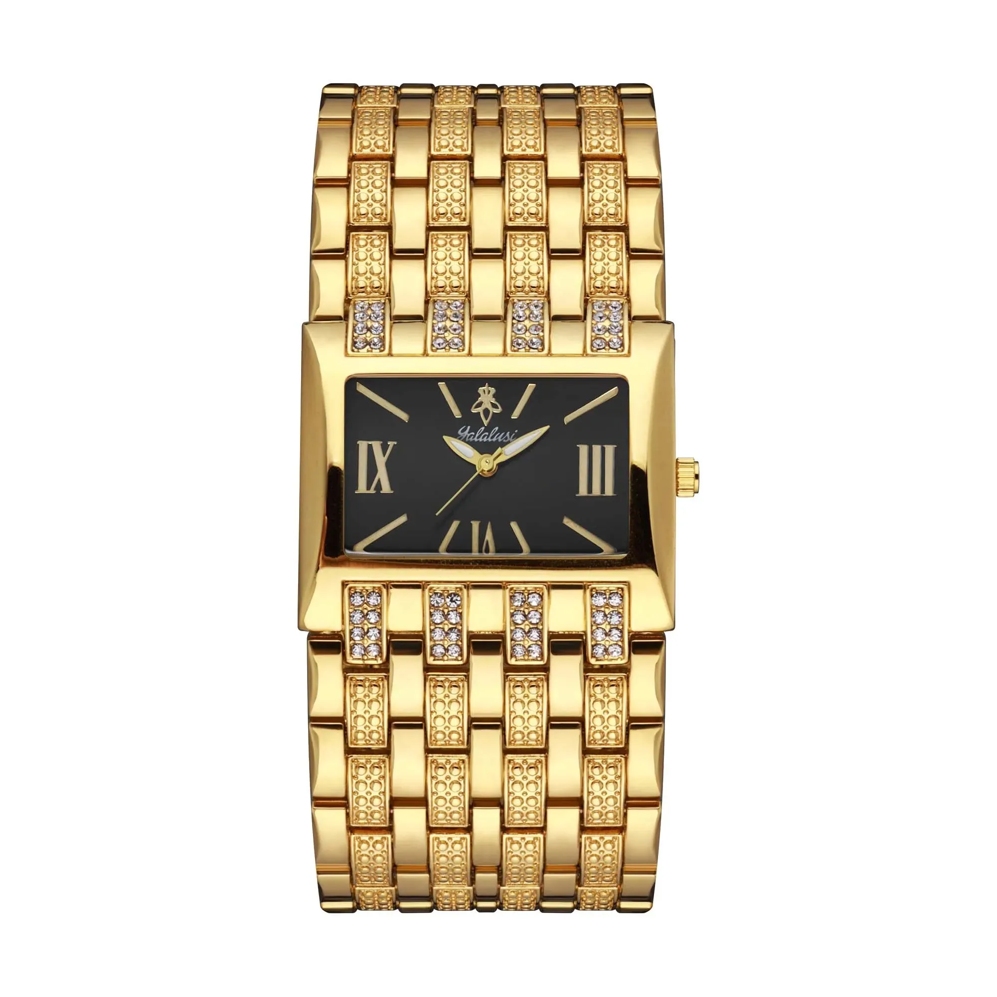 Yalalusi Women’s Luxury Watch – Rectangle Gold Case with Black Dial & Crystal Drilling – Ion Plating & Gift Box – Best Seller 2024